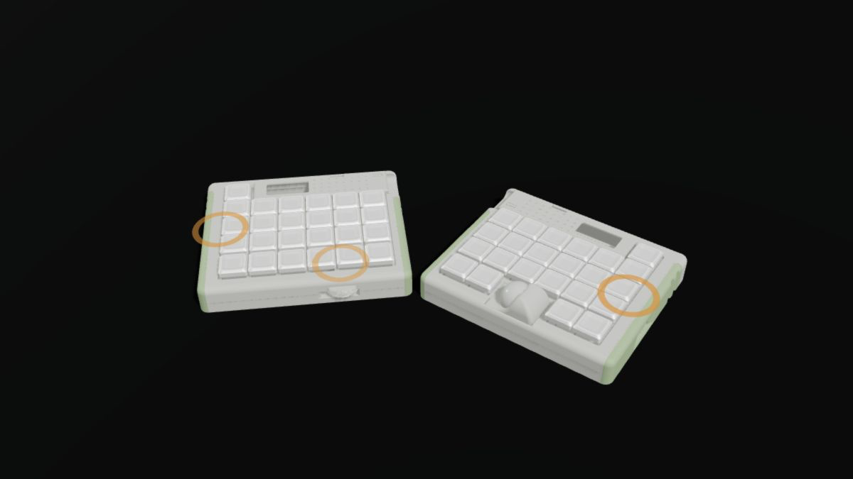 白いトラックボールと左2つ・右1つのロータリーエンコーダを示すLiTom
